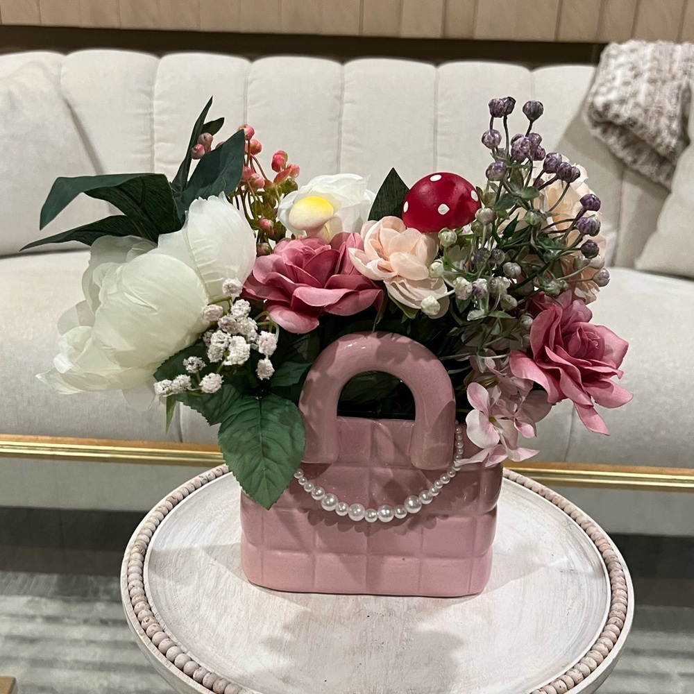 Pink Floral Arrangement in Quilted Bag